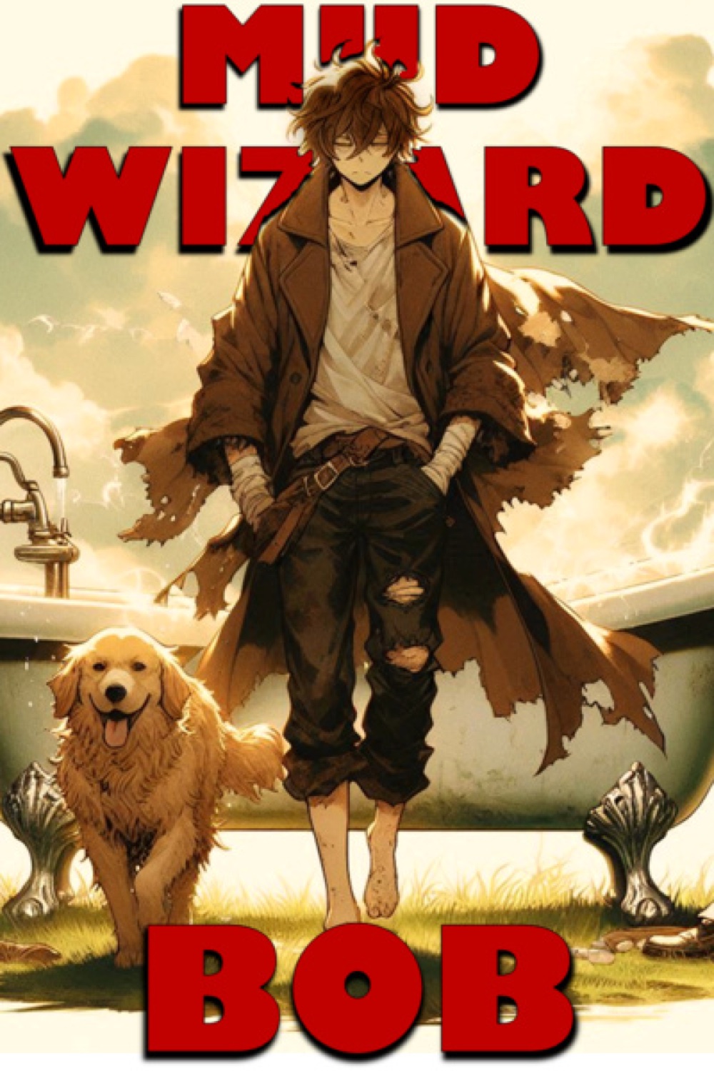 Early series cover: a scruffy Bob and George the golden retriever in front of a clawfoot bathtub