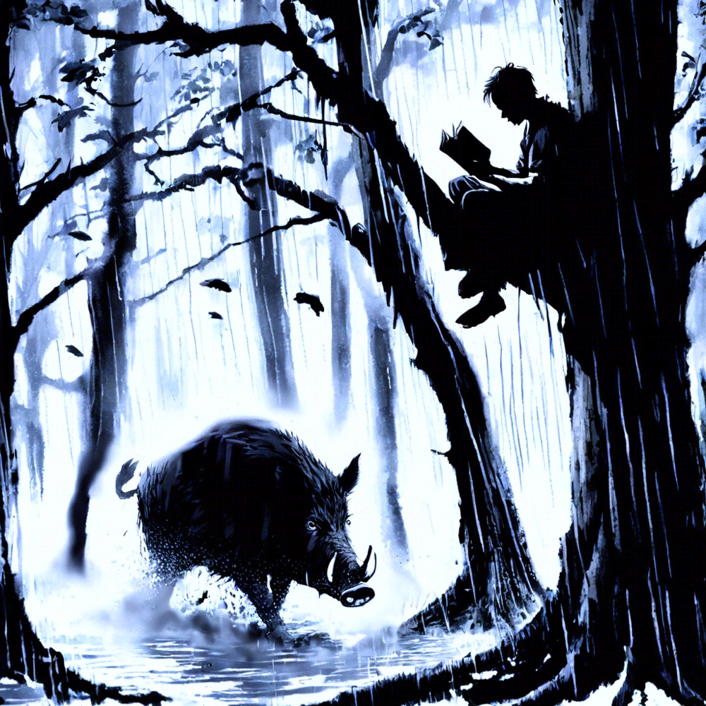 Ink-wash scene of Bob reading in a tree while a wild boar charges through the rainy forest below