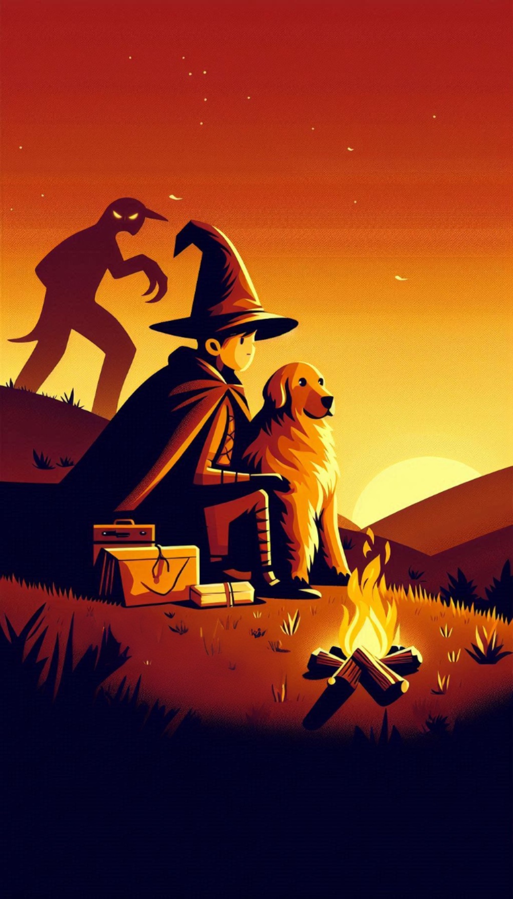 Bob in a wizard hat sits with George by a campfire at sunset while a shadowy monster looms behind the hill