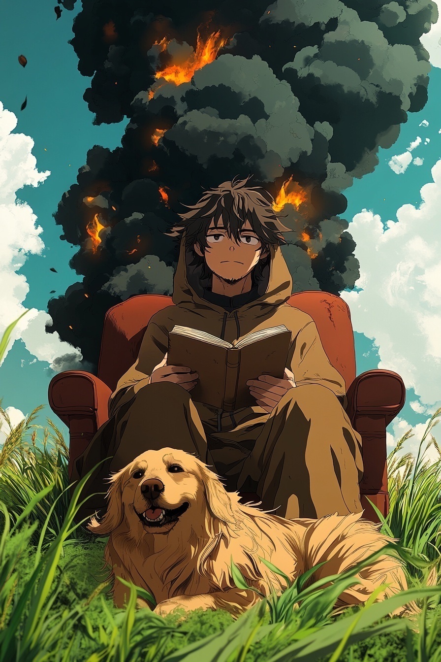 Bob reads calmly in an armchair while an explosion blooms into the teal sky behind him