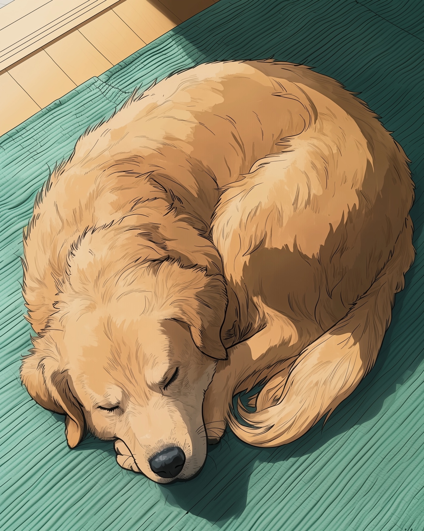 George the golden retriever, fast asleep curled on a teal rug, blissfully unaware